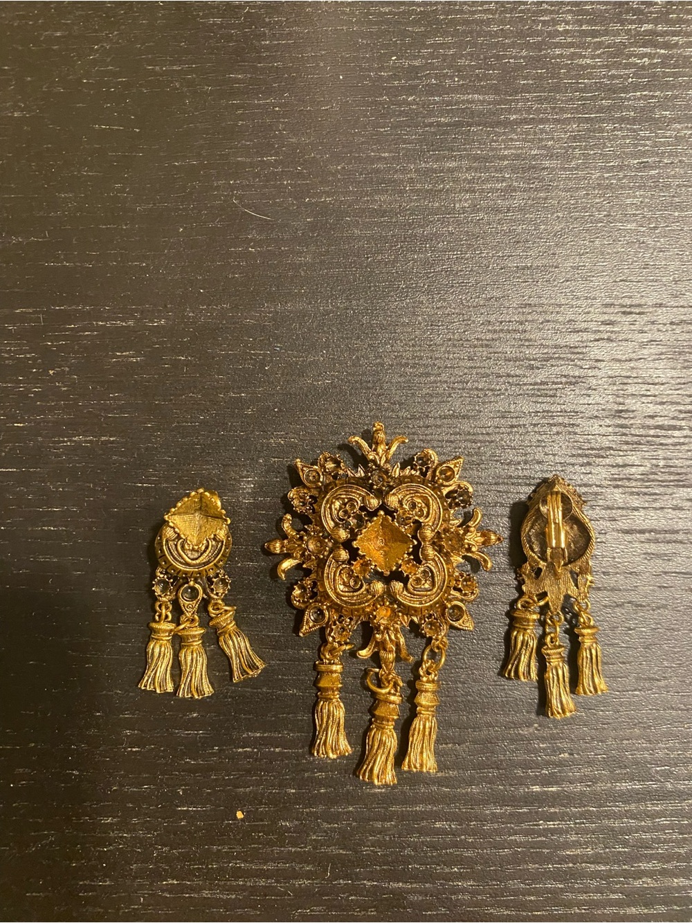 Vintage Ornate Gold Tone Tassel Brooch and Earrings Set